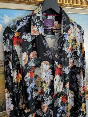 Hawes & Curtis Floral Button-Up Shirt in Black with Multicolor Blooms
